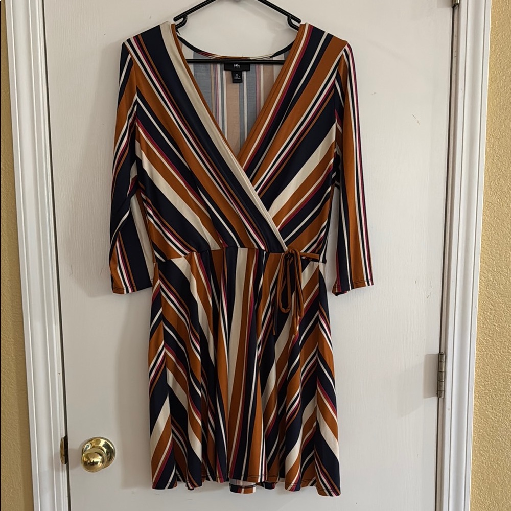 Iz Byer Striped V-Neck Mini Dress - Black/Brown - Size XL